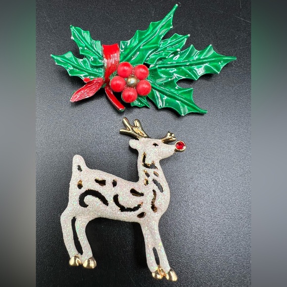 Jewelry - Two Christmas Brooches Reindeer Holly
